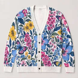 Colorful Botanical Flowers And Butterflies For Spring Vacation And Everyday Style For Women All-over Print Knitted Cardigan