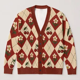 Cherry Floral Argyle Style for Autumn Dates and Vacations, Women’s Vintage Layering All-over Print Knitted Cardigan
