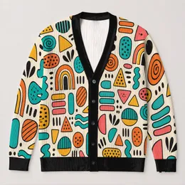 Colorful Geometric Doodle Motifs for Creative Casual Layering and Everyday Outings All-over Print Knitted Cardigan