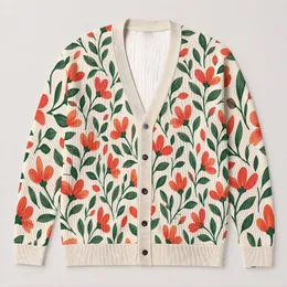 Coral Wildflower And Deep Green Leaf Motif For Casual Spring Layering And Everyday Wear All-over Print Knitted Cardigan