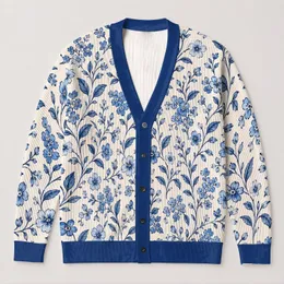 Vintage Blue Botanical Florals For Autumn Layering And Vacation Style, Casual Elegant Women All-over Print Knitted Cardigan