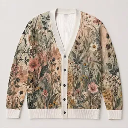 Pink Green Meadow Blooms for Autumn Layering, Vacation Days, and Elegant Date Style All-over Print Knitted Cardigan