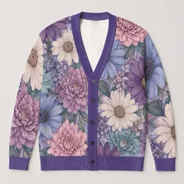 Lavender Blue Floral Blooms For Elegant Vacation Layering And Relaxed Everyday Style All-over Print Knitted Cardigan
