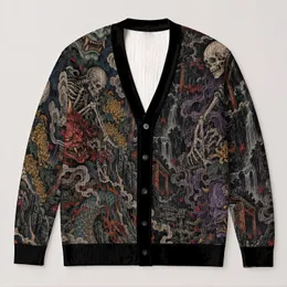 Japanese Oni Yokai Demon Motifs for Gothic Layering and Samurai-Inspired Streetwear All-over Print Knitted Cardigan