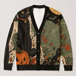 Black Cat Pumpkin Halloween Motifs For Cozy Fall Layering, Spooky Cat Lover Gift All-over Print Knitted Cardigan