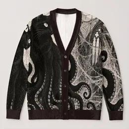 Black Cat Octopus Spiderweb Motif For Spooky Fall Layering, Gothic Animal Lovers Gift All-over Print Knitted Cardigan