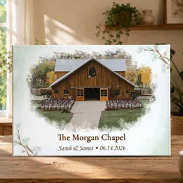 Personalized Wedding Venue Watercolor Canvas – Custom Painting from Photo, Names & Date, Wedding Gift