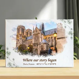 Custom Location Coordinates Canvas – Personalized Watercolor Painting from Photo, Anniversary Gift