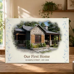 Personalized House Portrait Canvas – Custom Address & Year Watercolor from Photo, First Home Housewarming Gift
