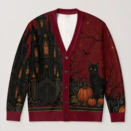 Gothic Mansion, Black Cat & Pumpkin Halloween Style for Spooky Autumn Evenings All-over Print Knitted Cardigan