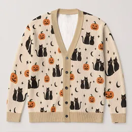 Black Cats, Crescent Moons and Pumpkins for Cozy Cottagecore Halloween Evenings All-over Print Knitted Cardigan