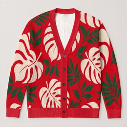 Red Tropical Leaf Style for Everyday Layering and Vacation Wear All-over Print Knitted Cardigan