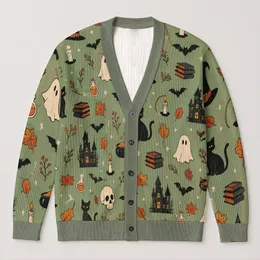 Spooky Witch Cat, Haunted House, Ghosts and Bats for Halloween Night Layering Style All-over Print Knitted Cardigan