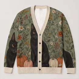 Black Cat and Pumpkins with Autumn Wildflowers for Halloween Cottagecore Style All-over Print Knitted Cardigan
