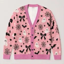Cute Ghosts, Bats and Black Bows for Playful Halloween Layering and Cozy Autumn Style All-over Print Knitted Cardigan