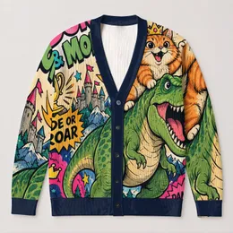 Princess Donut & Mongo Ride Or Roar Fantasy Cat Dinosaur Gift For Book Lovers Cozy Fall All-over Print Knitted Cardigan