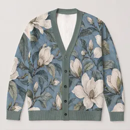 White Magnolia Blooms on Blue Botanical Branches for Relaxed Autumn Layering Women All-over Print Knitted Cardigan