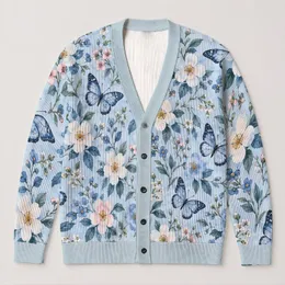 Blue Floral Butterfly Garden for Relaxed Everyday Layering Women's Casual Weekend Style All-over Print Knitted Cardigan