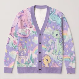 Pastel Dragon Kingdom Rainbow Castle Cozy Everyday Layering Gift For Fantasy Lovers All-over Print Knitted Cardigan