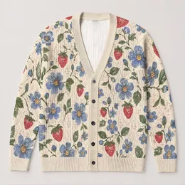 Blue Floral Strawberry Boho Cover-Up For Beach Vacations And Summer Dates Women Style All-over Print Knitted Cardigan
