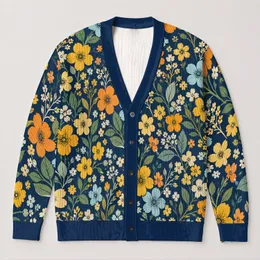 Navy Blue Floral Blossoms for Casual Layering, Poolside Days, and Relaxed Style All-over Print Knitted Cardigan