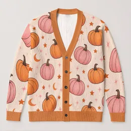 Pumpkins, Moons And Stars For Cozy Autumn Layering, Casual Weekend Wear, Plus Size Women All-over Print Knitted Cardigan