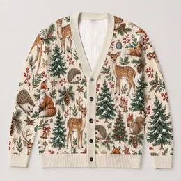 Woodland Deer Fox Owl Holiday Forest Motifs for Cozy Winter Vacation Layering Style All-over Print Knitted Cardigan