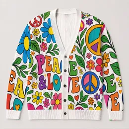 Peace And Love Floral Motifs For Bohemian Everyday Layering, Women’s Casual Style All-over Print Knitted Cardigan