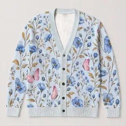 Blue Wildflower Butterflies for Bohemian Spring Layering, Feminine Everyday Style All-over Print Knitted Cardigan