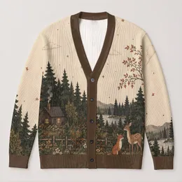 Woodland Fox Deer Rabbit Forest Scene for Cozy Autumn Cottagecore Nature Lovers All-over Print Knitted Cardigan