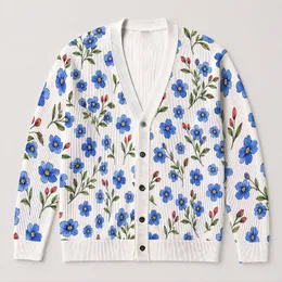 Blue Floral Boho Layering Top for Spring Vacations and Everyday Resort Style Wear All-over Print Knitted Cardigan