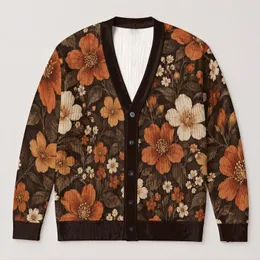 Rust Orange And Cream Floral Blooms For Cozy Autumn Layering, Women's Everyday Style All-over Print Knitted Cardigan