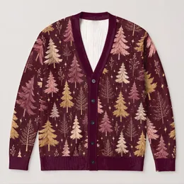 Pink Gold Pine Trees for Cozy Holiday Layering and Festive Winter Wardrobe Style All-over Print Knitted Cardigan