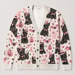 Pink Halloween Dogs And Bats For Cozy Autumn Celebrations, Women And Pet Lovers All-over Print Knitted Cardigan