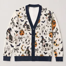 Halloween Cow Witch Hat Bats And Pumpkins For Cozy Autumn Party And Farmhouse Style All-over Print Knitted Cardigan