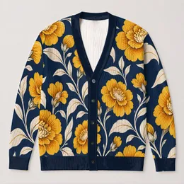 Golden Wildflower Botanical Motifs for Everyday Bohemian Layering and Holiday Style All-over Print Knitted Cardigan