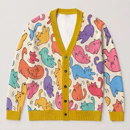 Colorful Cat Motifs for Cozy Vacation Layering, Playful Everyday Style for Women Gift All-over Print Knitted Cardigan