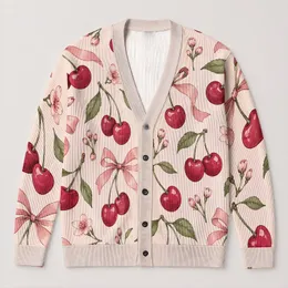 Pink Cherry Bow Motif for Romantic Autumn Outfits, Vacation Days, and Date Nights All-over Print Knitted Cardigan