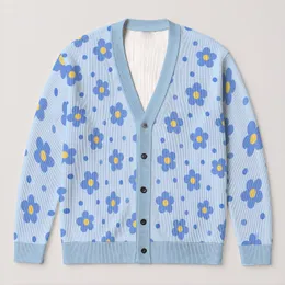 Light Blue Flowers and Dots for Spring Vacation Style, Relaxed Everyday Layering for Women All-over Print Knitted Cardigan