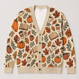 Autumn Pumpkin Coffee Cup Leaves And Books For Cozy Weekend Layering Style For Women All-over Print Knitted Cardigan