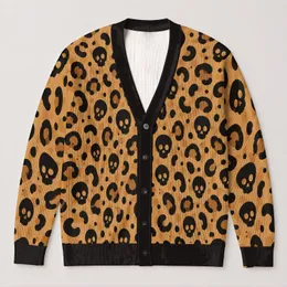Black Skull And Leopard Motifs For Autumn Layering, Casual Vacation Style For Women All-over Print Knitted Cardigan