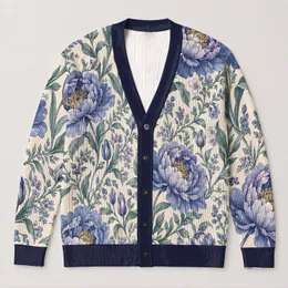 Blue Peony Botanical Blooms for Autumn Layering and Everyday Women’s Garden Wardrobe All-over Print Knitted Cardigan