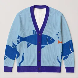 Blue Fish Ocean Stripes for Coastal Vacation Layering and Relaxed Everyday Style Women All-over Print Knitted Cardigan