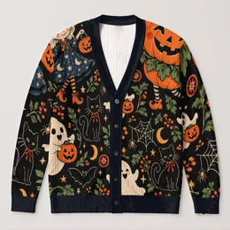 Black Halloween Ghost Pumpkin Candy Corn Witch Style For Cozy Autumn Weekend Wear All-over Print Knitted Cardigan