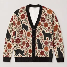 Black Cat And Wildflower Motifs For Cozy Everyday Layering, Gifts For Cat Lovers At Home All-over Print Knitted Cardigan