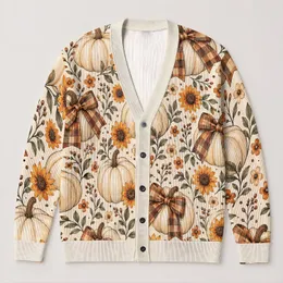 Pumpkin Bow Sunflower Autumn Style for Halloween and Thanksgiving Women’s Wear All-over Print Knitted Cardigan