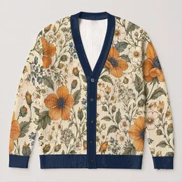 Sunflower And Blue Flower Botanical Motif For Autumn Layering, Women’s Casual Style All-over Print Knitted Cardigan