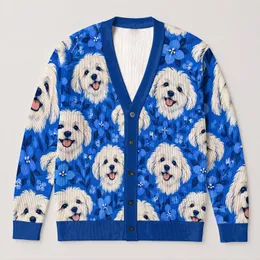 Fluffy White Dog Faces With Blue Flowers For Playful Halloween Gatherings And Casual Days All-over Print Knitted Cardigan