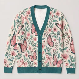 Pink Butterfly Floral Botanical Spring Garden Style For Women Everyday Layering Wardrobe All-over Print Knitted Cardigan