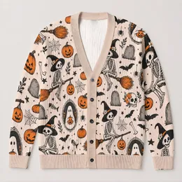 Spooky Skeletons Riding Brooms with Pumpkins for Cozy Autumn Vacation Outfits and Gifts All-over Print Knitted Cardigan